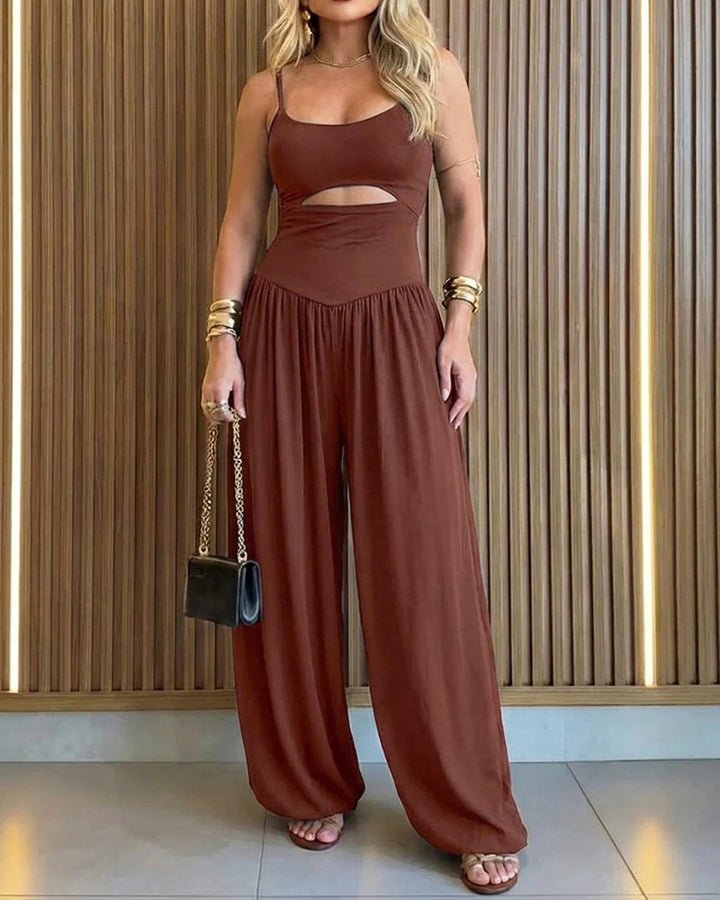 Cutout Waist Wide Leg Jumpsuit, Sleeveless Flowy Palazzo One-Piece
