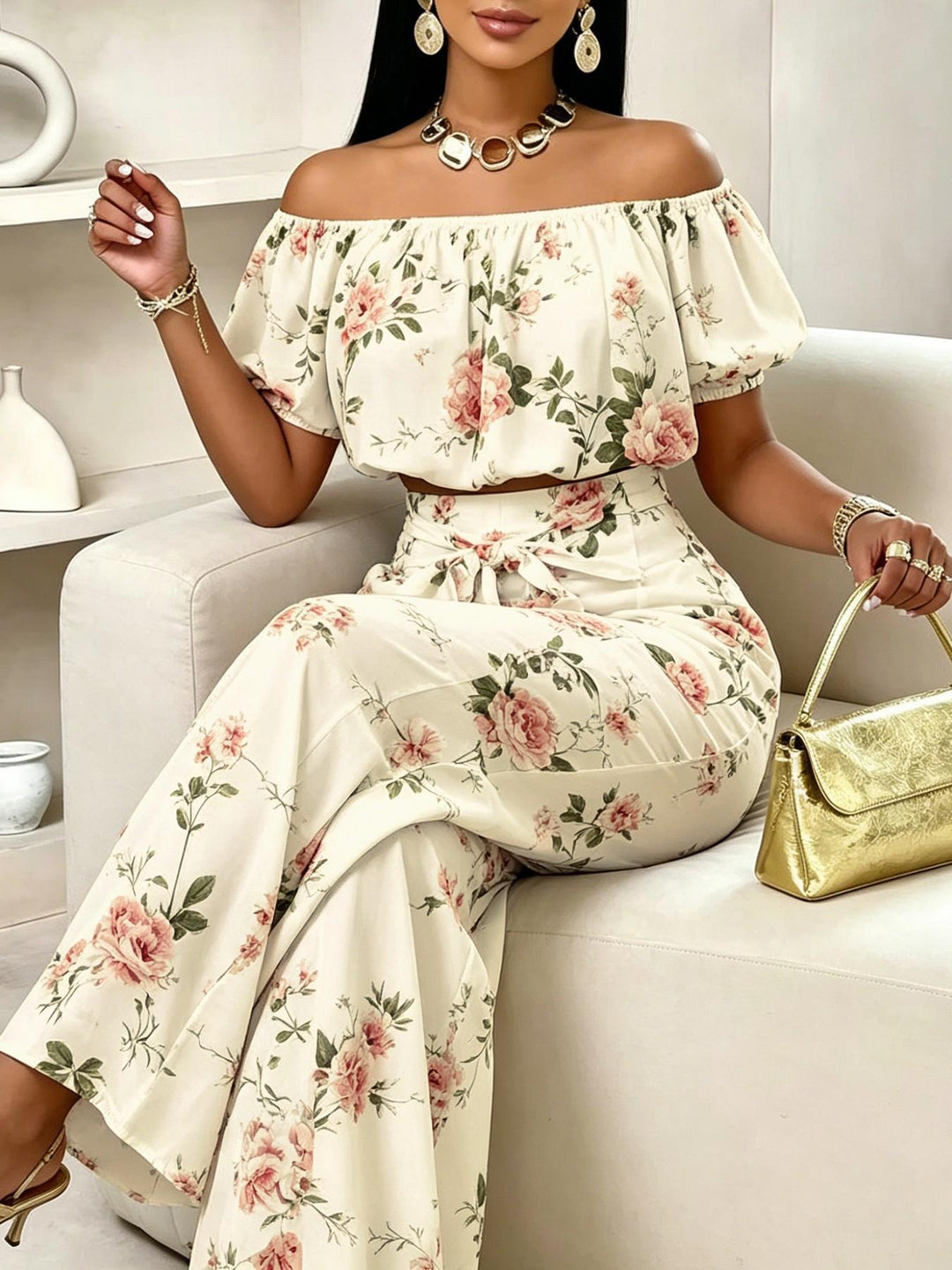 Paisley Floral Print Off-Shoulder Two-Piece Set