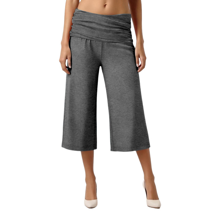 Fold-Over Waist Capri Pants, Soft Stretch Casual Cropped Trousers