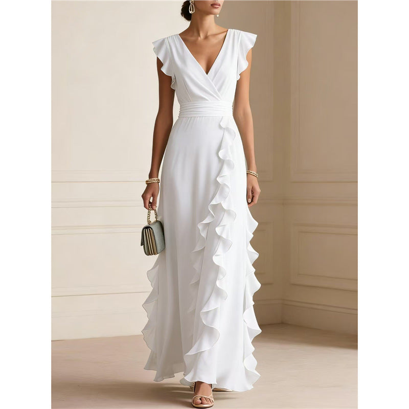 Ruffle Trim V-Neck Evening Maxi Dress