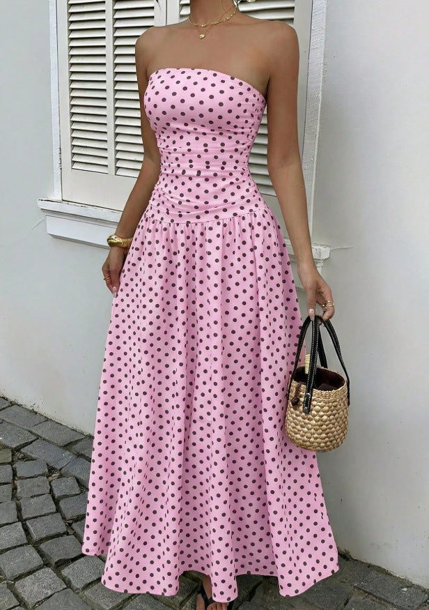 White Polka Dot Strapless Ruched Maxi Dress
