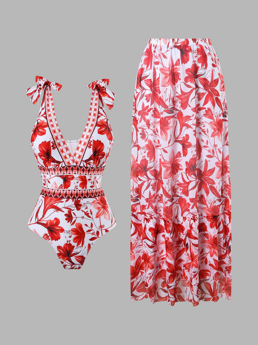 Floral One-Piece Swimsuit with Maxi Cover-Up Skirt Set