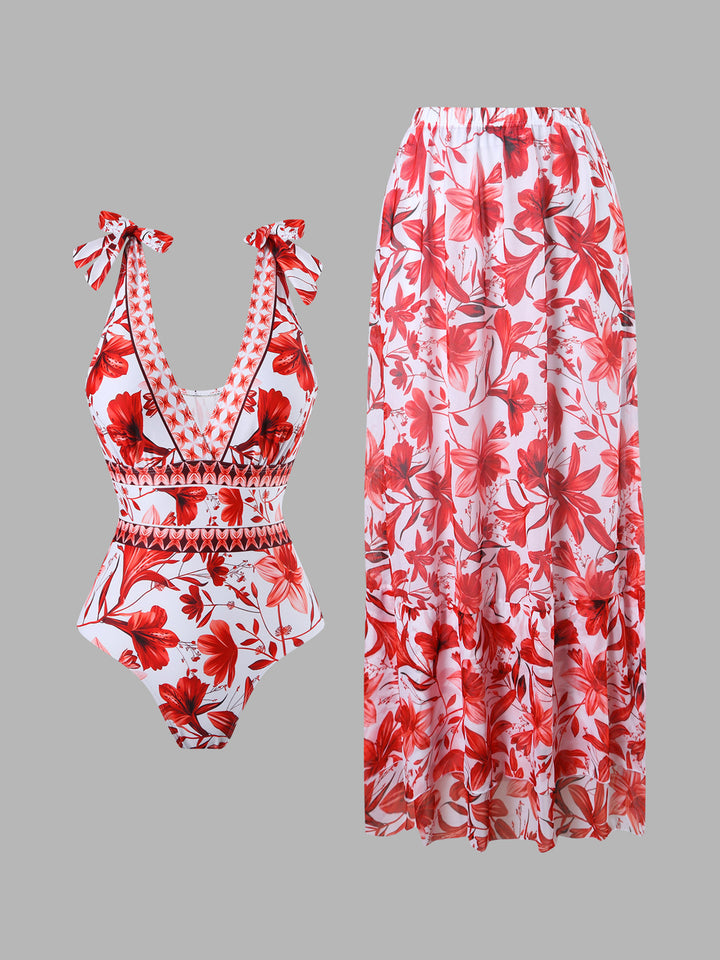 Floral One-Piece Swimsuit with Maxi Cover-Up Skirt Set