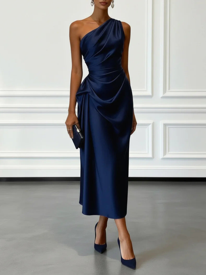 Multi-Color One-Shoulder Satin Midi Dress | Ruched Elegant Party Cocktail Dress