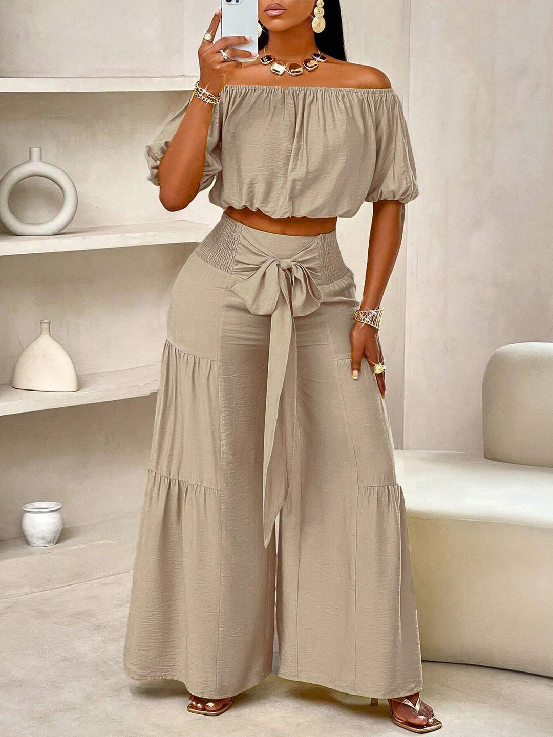 Off-Shoulder Puff Sleeve Crop Top &amp;amp; Tie-Waist Tiered Wide Leg Pants Two-Piece Set