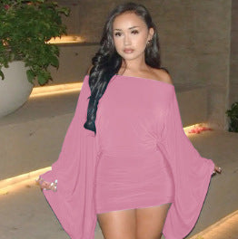 Off-Shoulder Flare Sleeve Ruched Mini Dress