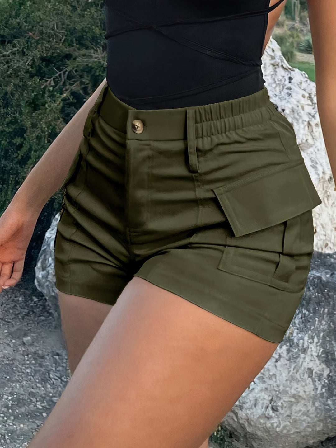 High Waist Cargo Shorts With Elastic Back Waist