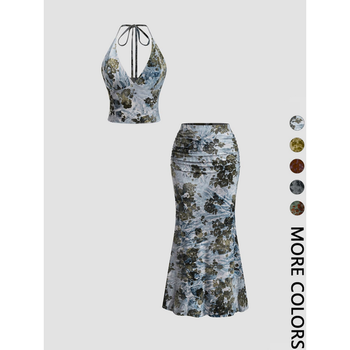 Floral Halter Top Ruched Midi Skirt Two-Piece Set