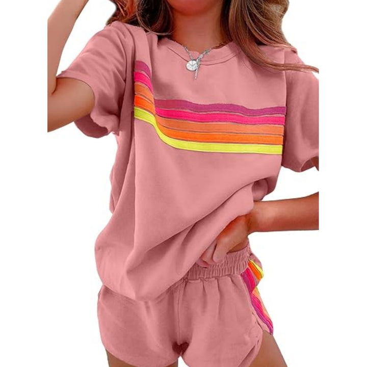 Green Rainbow Stripe Tee &amp;amp; Shorts Loungewear Set