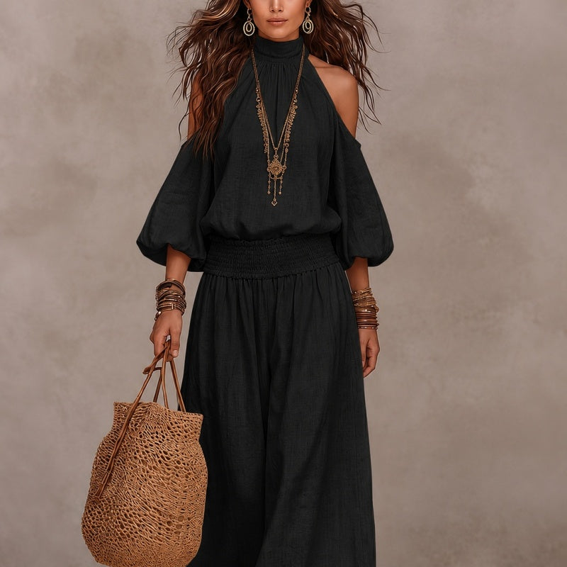 Cold Shoulder Halter Neck Linen Blend Two Piece Set