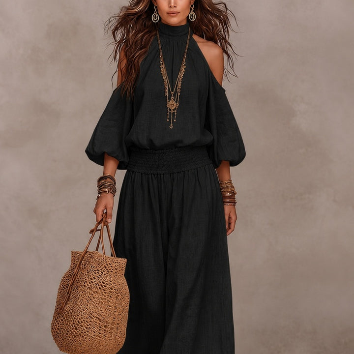 Cold Shoulder Halter Neck Linen Blend Two Piece Set