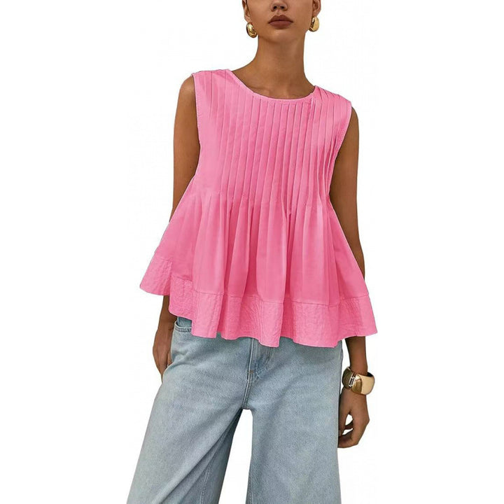 Pleated Peplum Sleeveless Blouse, Round Neck Flowy Summer Top