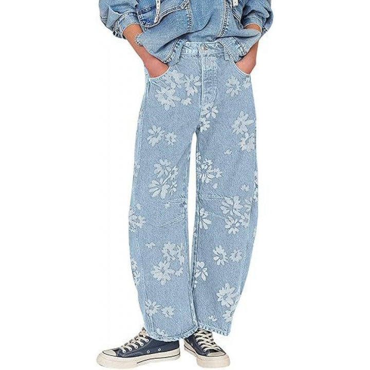 Women Y2k Distressed Barrel Jeans Baggy Wide Leg Jeans Floral Printed Boyfriend Patchwork Denim Pants