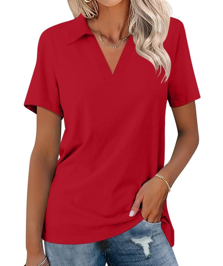 White Notch V-Neck Short Sleeve Polo T-Shirt
