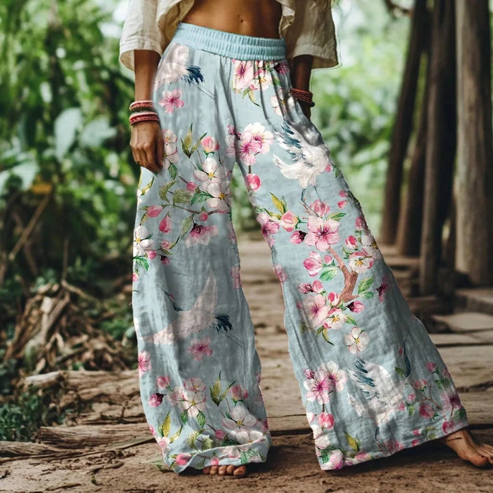 Watercolor Floral Elastic High Waist Wide Leg Palazzo Pants