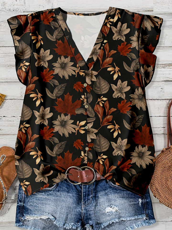 Watercolor Floral Print V-Neck Ruffle Sleeve Blouse