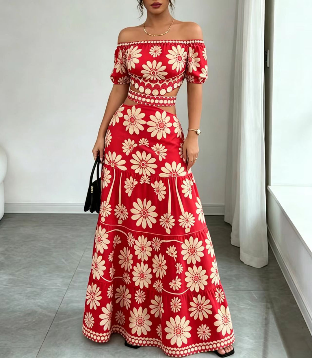 Floral Off-Shoulder Waist Cutout Dress