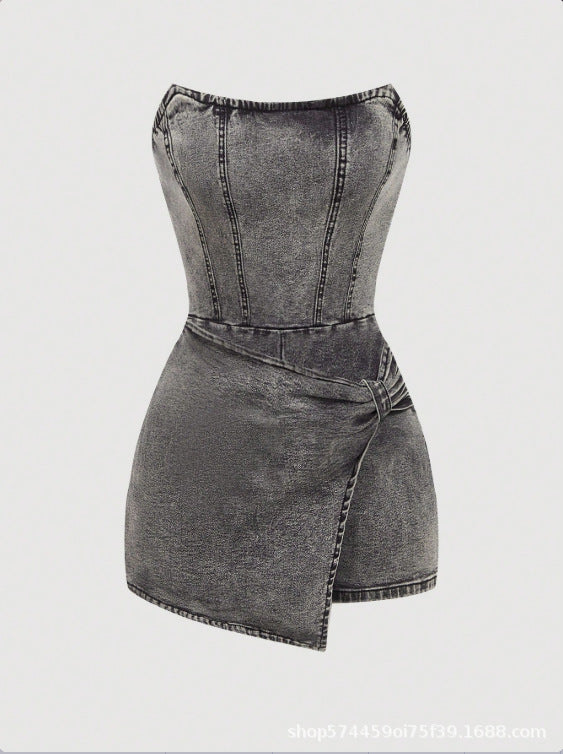 Strapless Denim Skort Romper