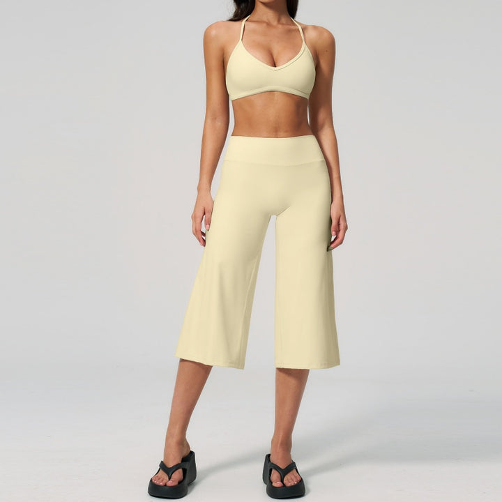 Halter V-Neck Crop Top High-Waist Culotte Pants Two-Piece Set