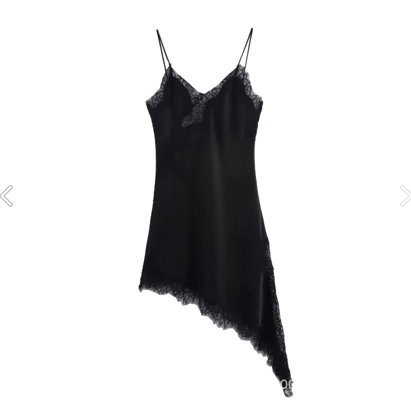 Lace Trim Satin Asymmetrical Slip Dress