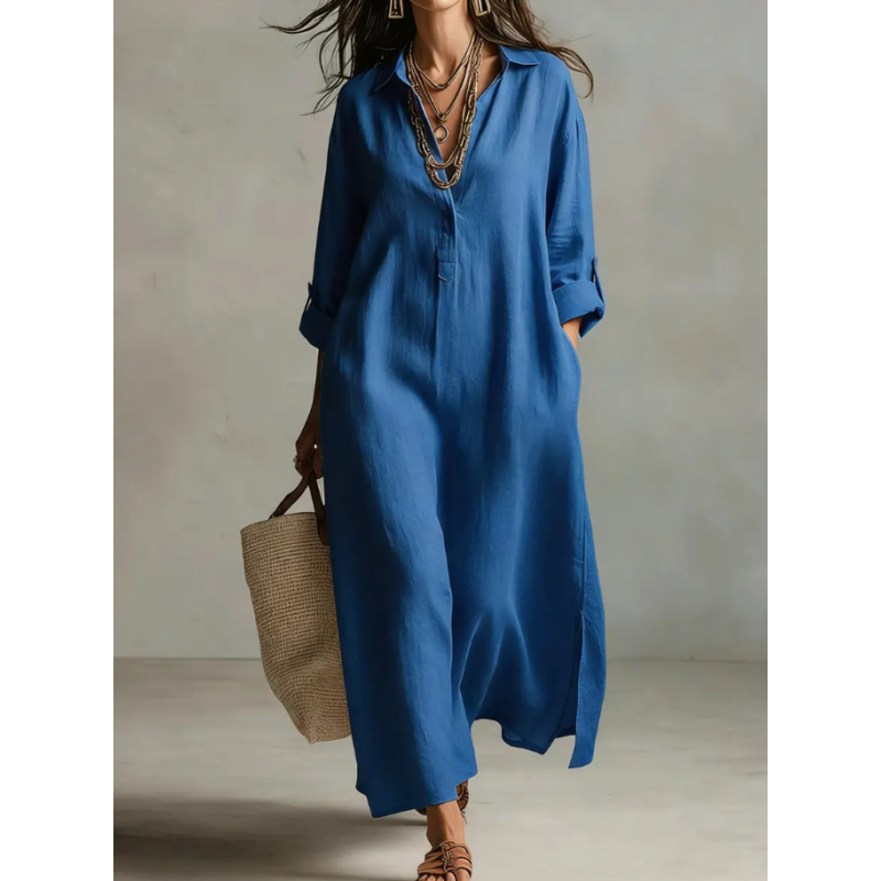 Linen Blend Half-Button Midi Shirt Dress
