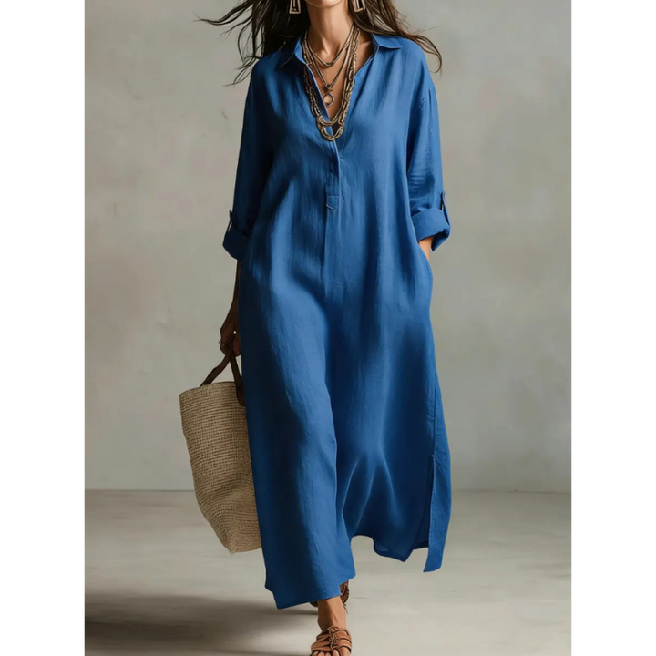 Linen Blend Half-Button Midi Shirt Dress
