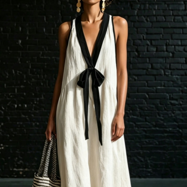 Contrast Trim V-Neck Tie-Front Maxi Dress