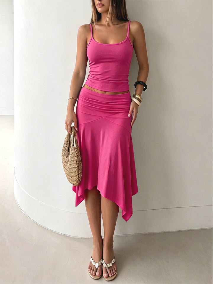 Ruched Waist Cami &amp;amp; Asymmetric Midi Skirt Set