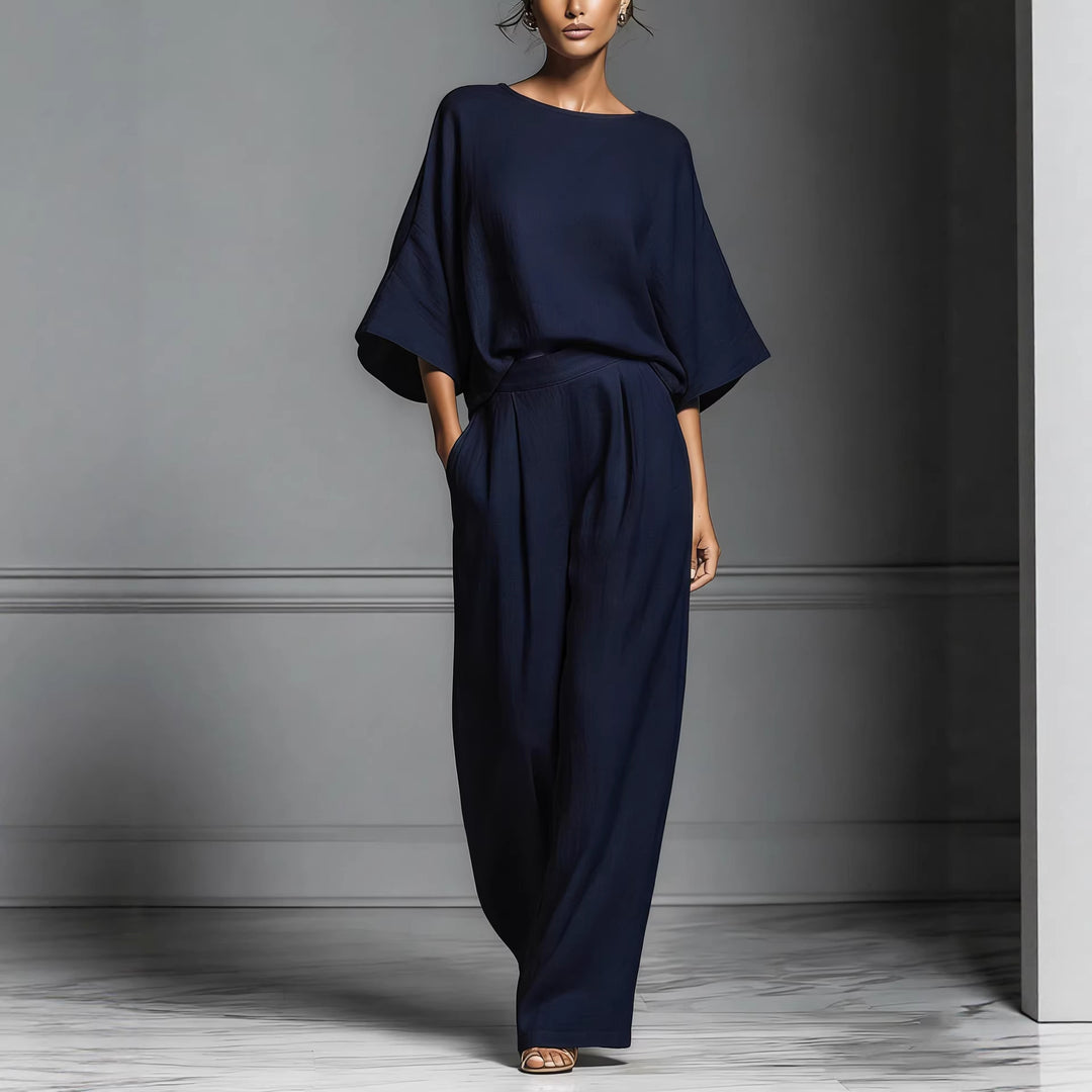 Linen Blend Oversized Top and Wide Leg Pants Two-Piece Set