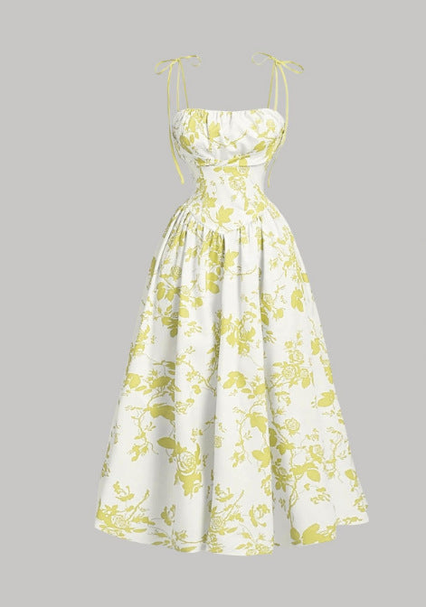 Black Floral Tie-Strap Midi A-Line Dress