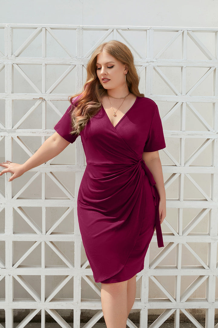 Plus Size Burgundy Wrap-Front Ruched Midi Dress
