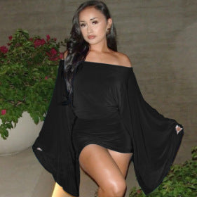 Off-Shoulder Flare Sleeve Ruched Mini Dress