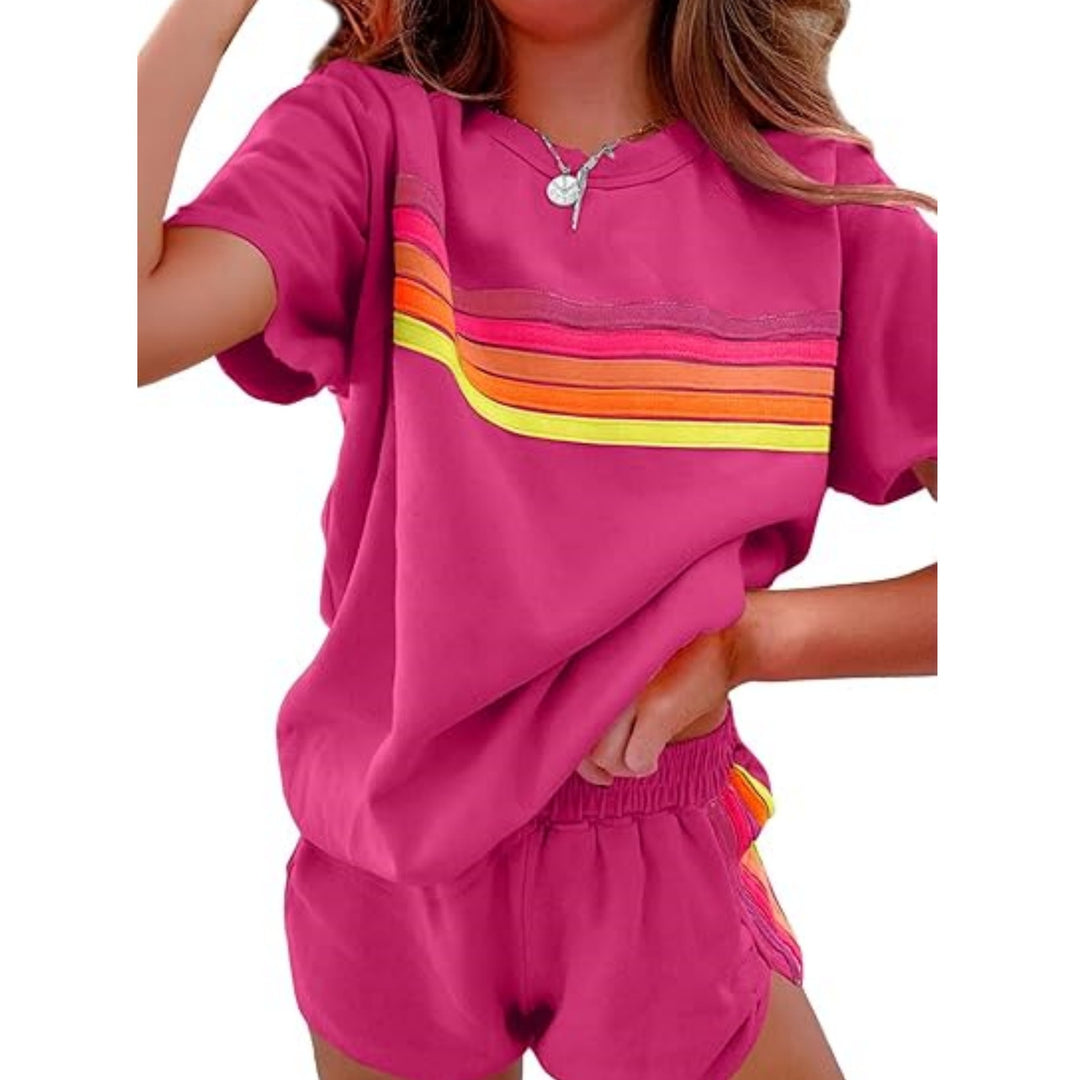 Green Rainbow Stripe Tee &amp;amp; Shorts Loungewear Set