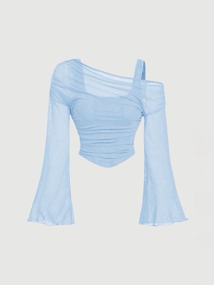 Off-Shoulder Mesh Flare Sleeve Cropped Top