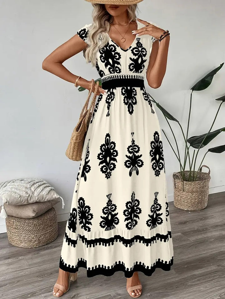Navy Blue Printed Smocked Waist Maxi Dress