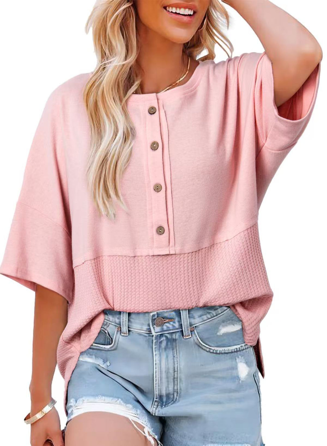 Olive Waffle Knit Henley Short Sleeve Top