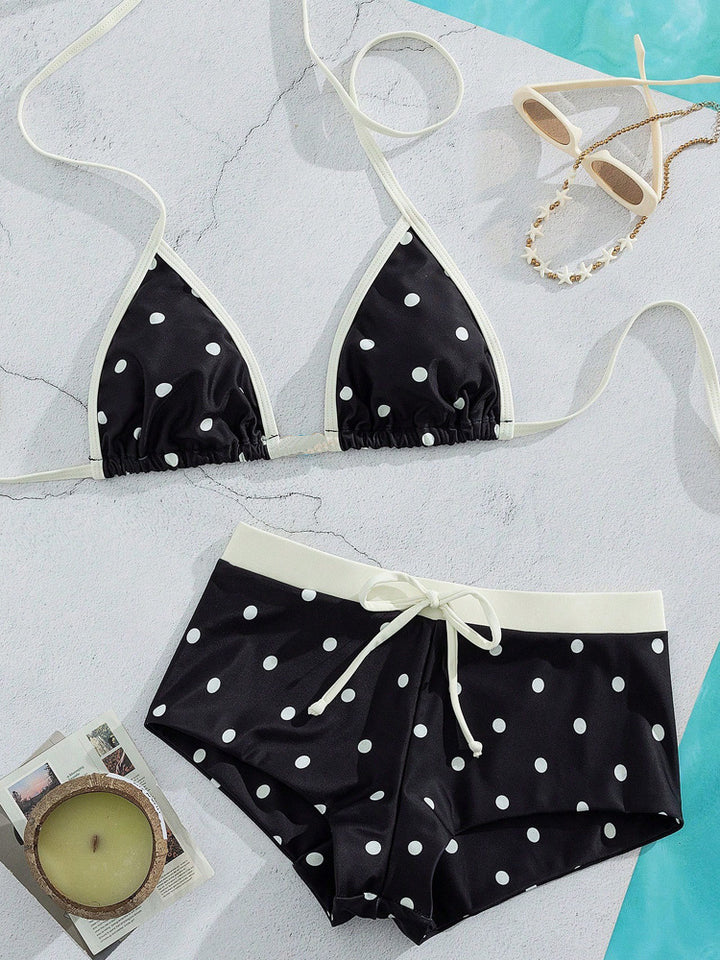 Polka Dot Halter Triangle Bikini Set | Retro Buttermilk Yellow &amp;amp; Brown High Waist Two-Piece Swimsuit
