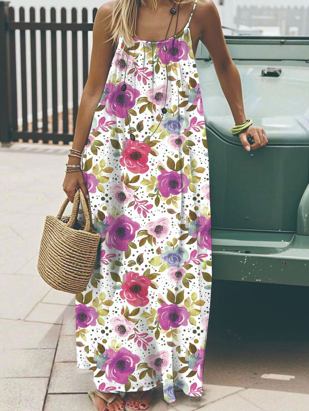 Leaf Print Spaghetti Strap Maxi Dress