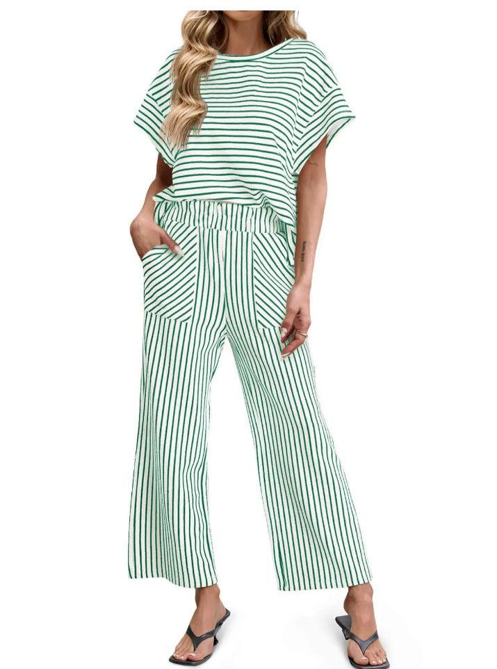 Womens Striped 2 Piece Sets Short Sleeve T Shirts Wide Leg Pants Matching Lounge Set with Pockets