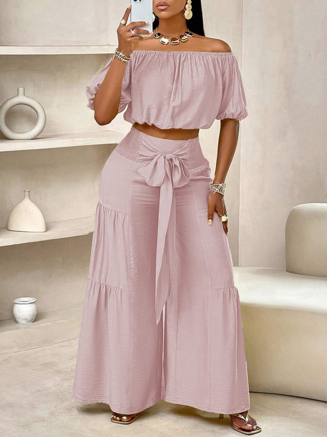 Off-Shoulder Puff Sleeve Crop Top &amp;amp; Tie-Waist Tiered Wide Leg Pants Two-Piece Set