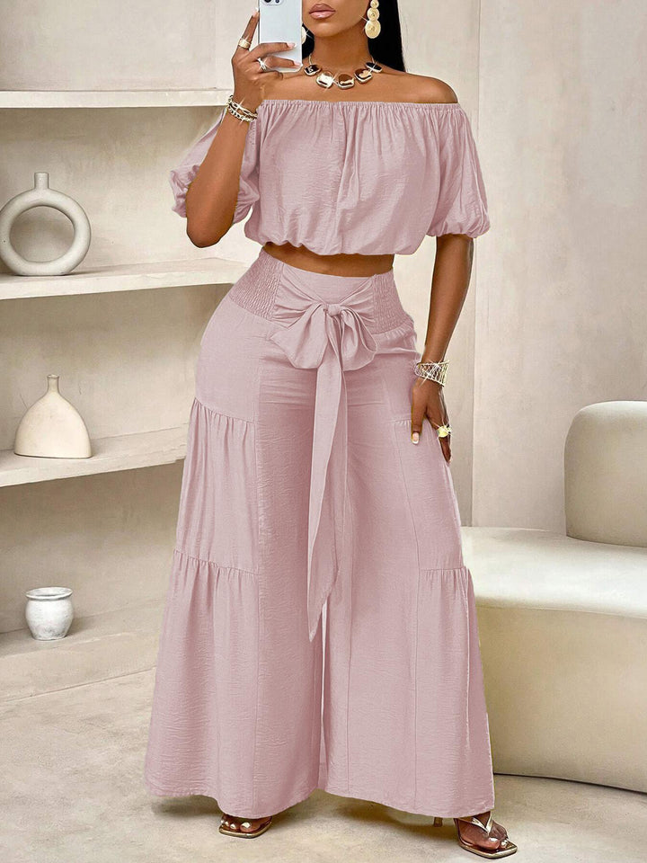 Off-Shoulder Puff Sleeve Crop Top &amp;amp; Tie-Waist Tiered Wide Leg Pants Two-Piece Set