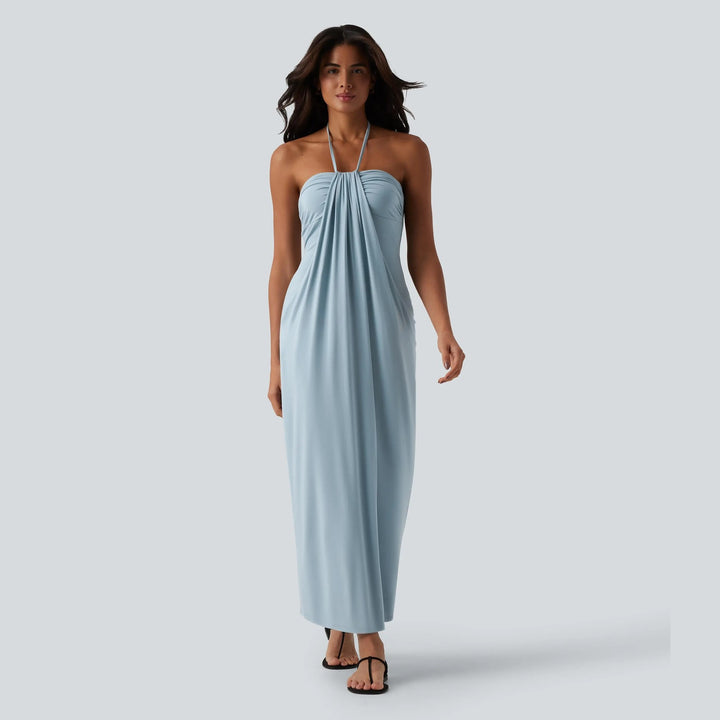 Draped Halter Neck Soft Jersey Midi Slip Dress in Pale Sky Blue