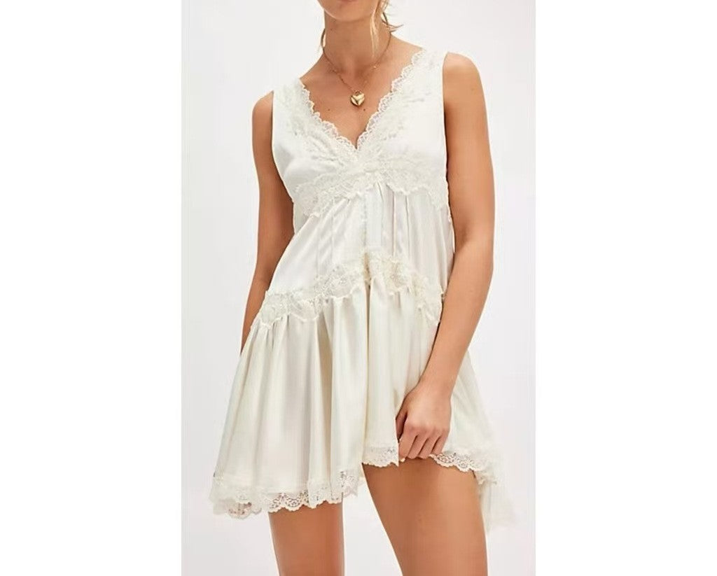 White Lace-Trimmed Sleeveless Babydoll Mini Dress