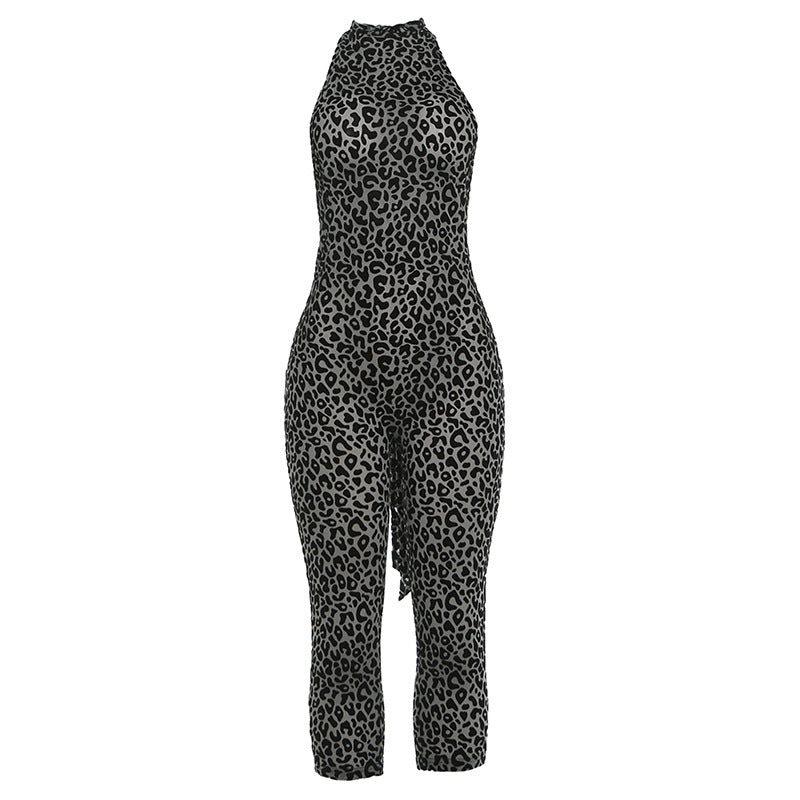 Leopard Print Halter Neck Bodycon Jumpsuit, Sleeveless Form-Fitting Catsuit for Women