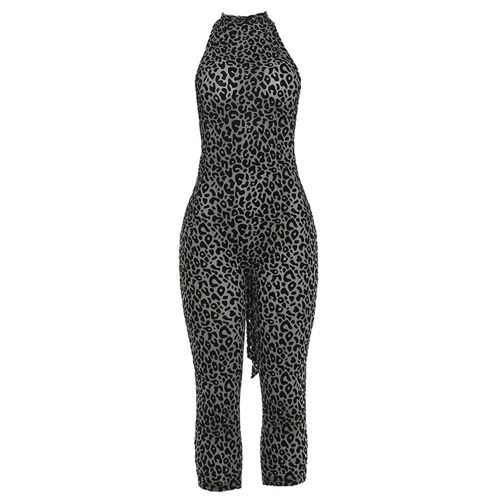 Leopard Print Halter Neck Bodycon Jumpsuit, Sleeveless Form-Fitting Catsuit for Women