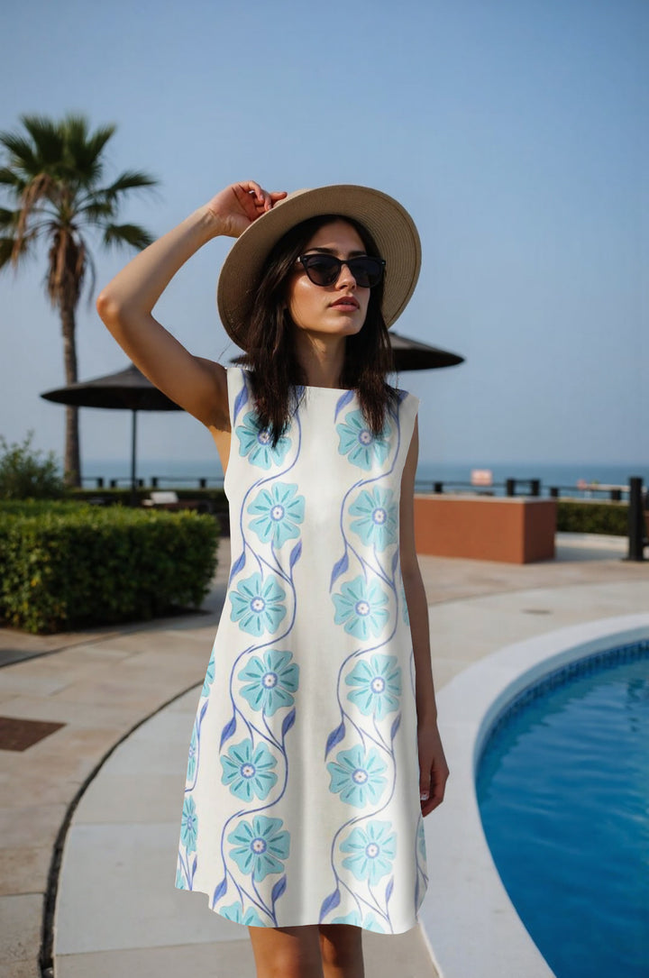 Beige Blue Floral Print Sleeveless A-Line Mini Dress