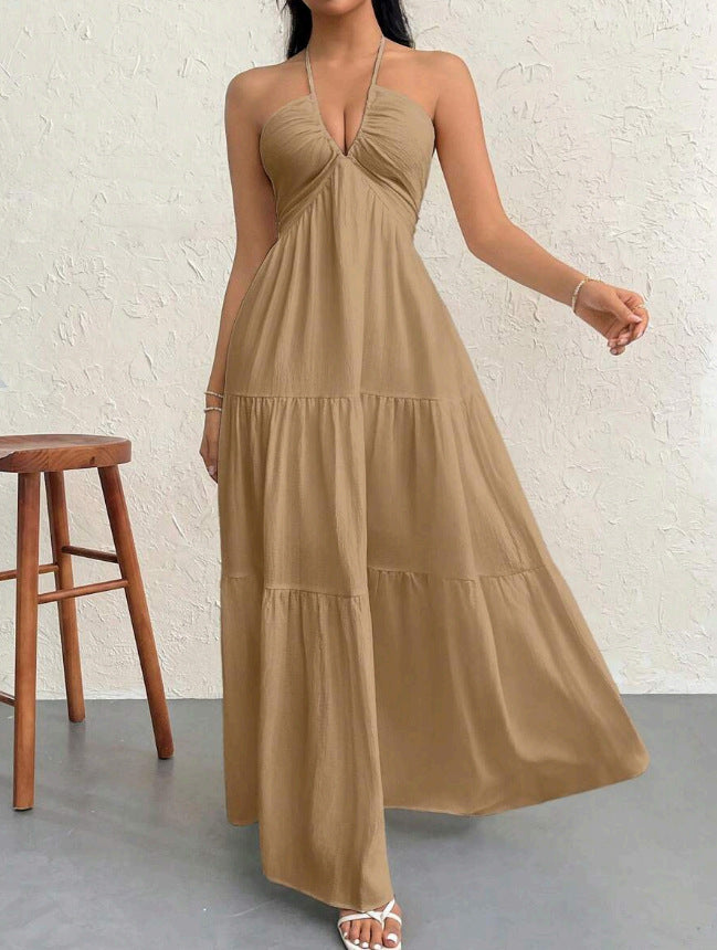 Halter Deep V Open Back Tiered Maxi Dress