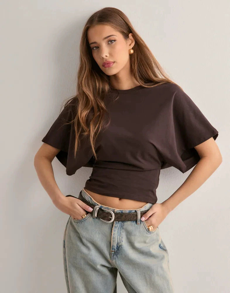Asymmetric Batwing Sleeve Cropped Tee, Ruched Waist Fitted T-Shirt