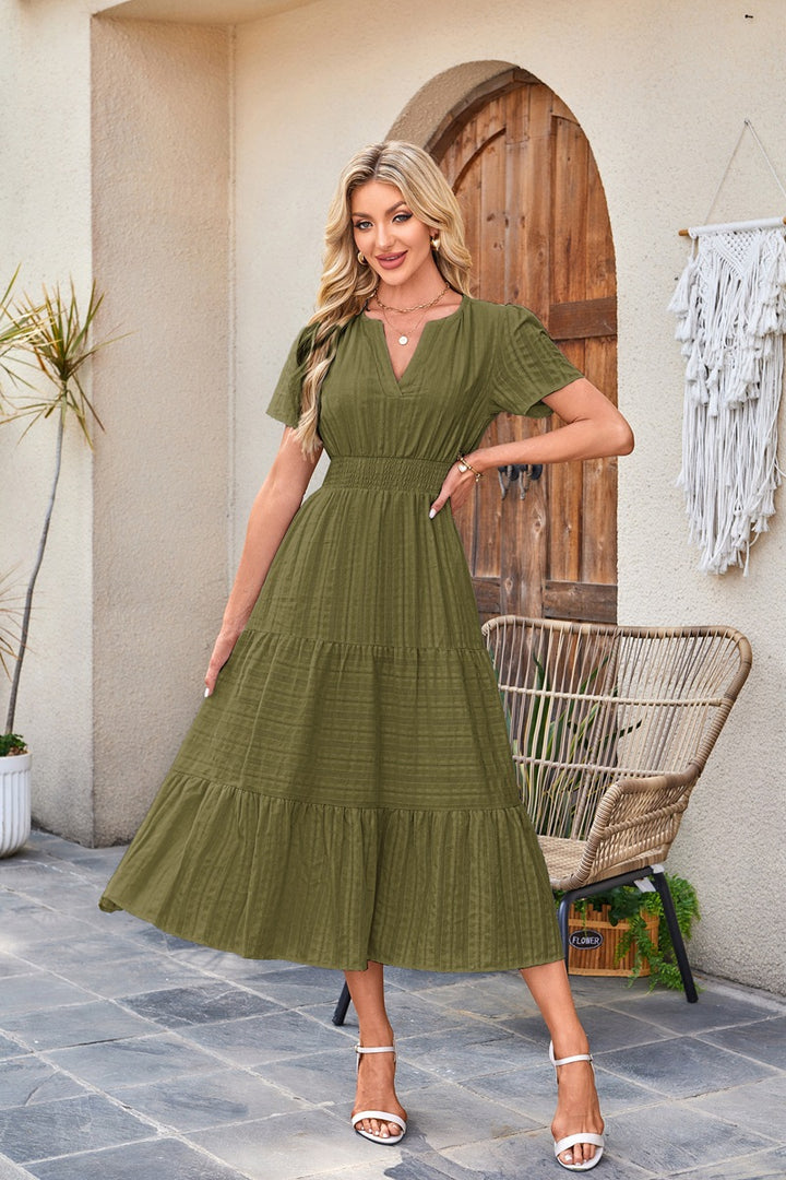 Navy Blue Tiered Smocked Waist Midi Dress