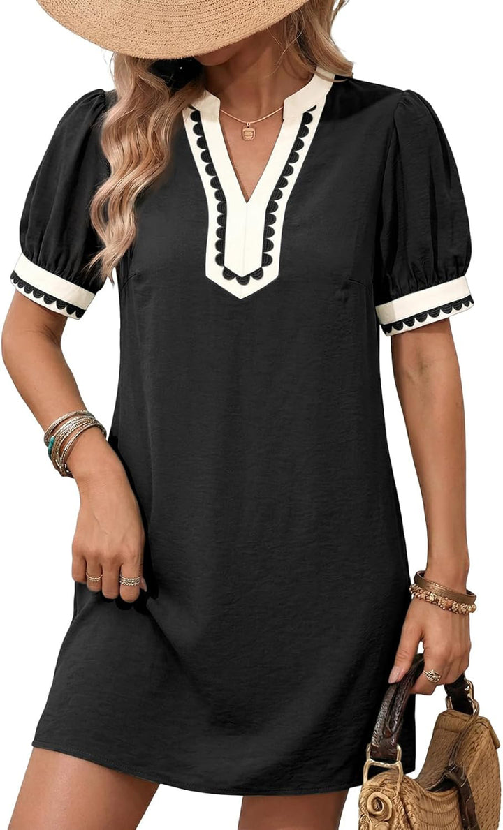 Light Pink Scalloped Embroidered Puff Sleeve Mini Shift Dress
